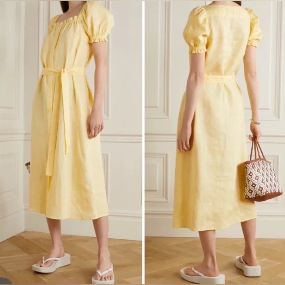 SLEEPER Sunny Yellow Midi Dress with Puff Sleeves 100% linen sz M